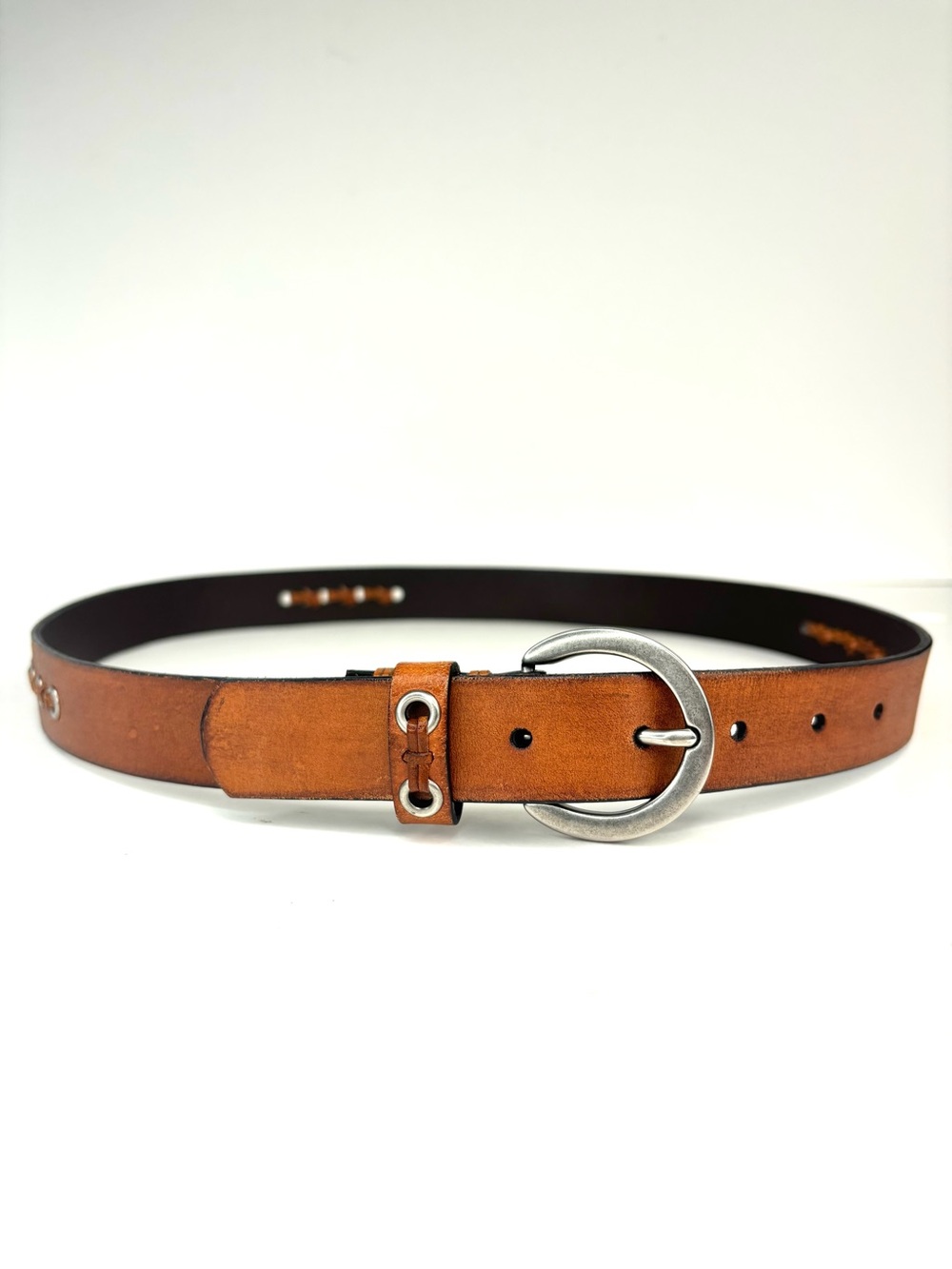 ROLFS Rustic Tan Woven Leather Boho Western Belt Silver Grommets Ring Buckle LG - Picture 6 of 14
